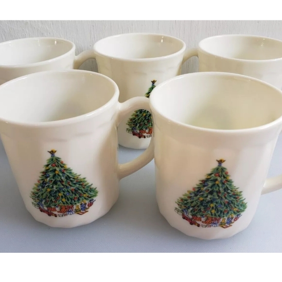 France Christmas Mugs Noel Wreath Tree 2 Sided Decor Vintage Salem Porcelle Set5 - Picture 2 of 6